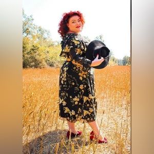 Vintage-inspired Prairie Dress Chiffon Romantic Black Yellow Floral Plus Size